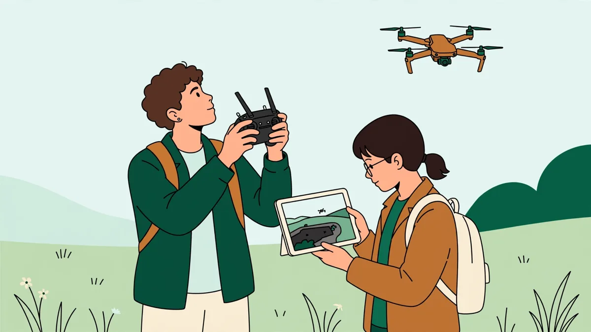 Deux élèves en extérieur, l'un tient une radiocommande et pilote un drone visible dans le ciel, l'autre suit le vol sur une tablette, sur un terrain dégagé.
