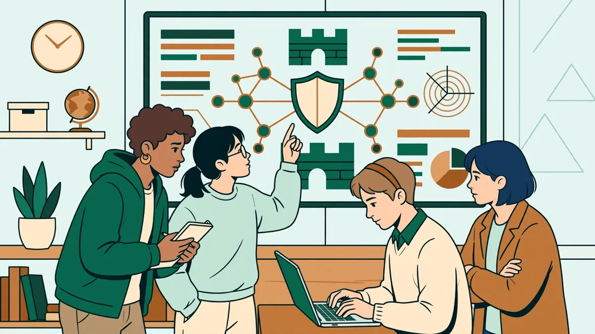 Quatre étudiants devant un grand écran qui gèrent ensemble une simulation de crise cyber, l'un au clavier et les autres qui analysent.