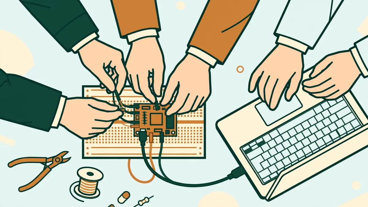 Trois étudiants autour d'une table d'électronique qui testent une carte à microcontrôleur branchée à un ordinateur portable.
