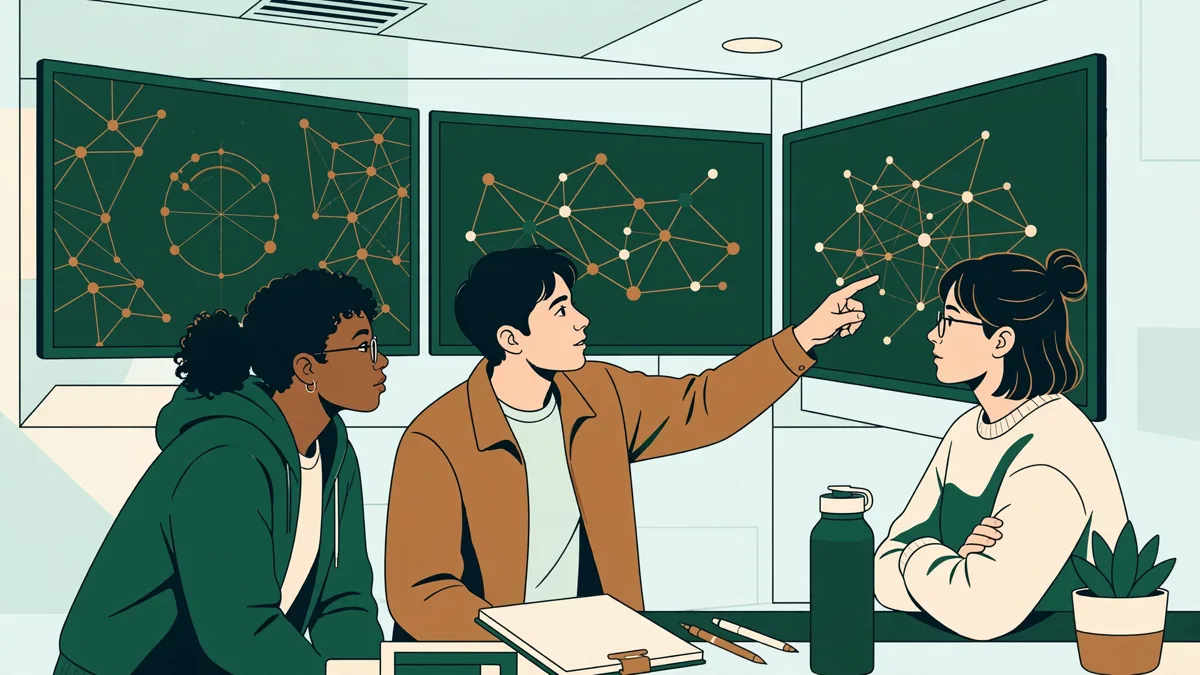 Trois étudiants en salle d'opérations de sécurité analysent des alertes réseau sur de grands écrans.