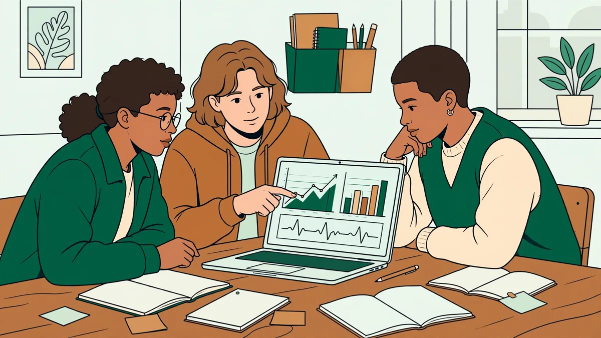 Trois étudiants autour d'un portable qui affichent des courbes de données de santé et discutent d'un projet IA.