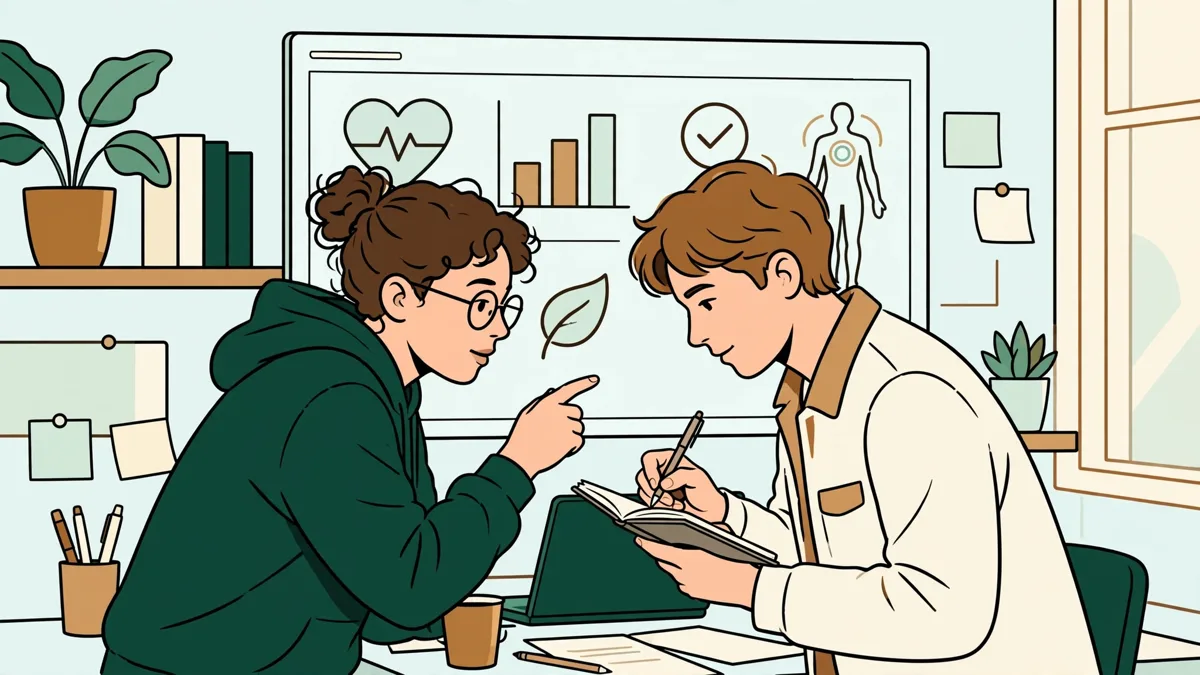 Deux apprentis qui testent ensemble une application de santé sur écran et prennent des notes d'amélioration.