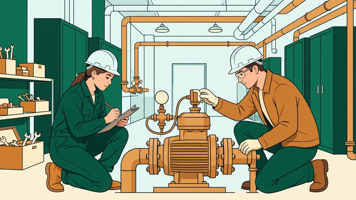 Une apprentie et un technicien observent un capteur sur une pompe industrielle pendant que l'apprentie note des mesures