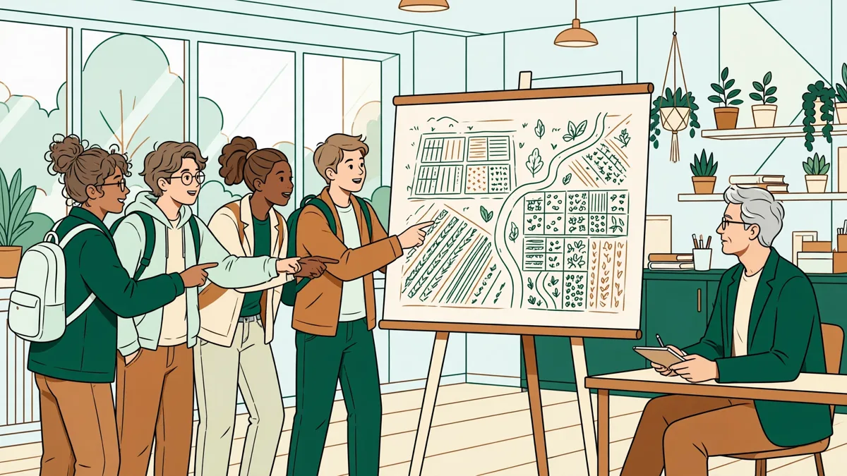 Quatre étudiants debout devant un tableau qui présentent leur projet à un professionnel assis, avec des schémas de parcelles.