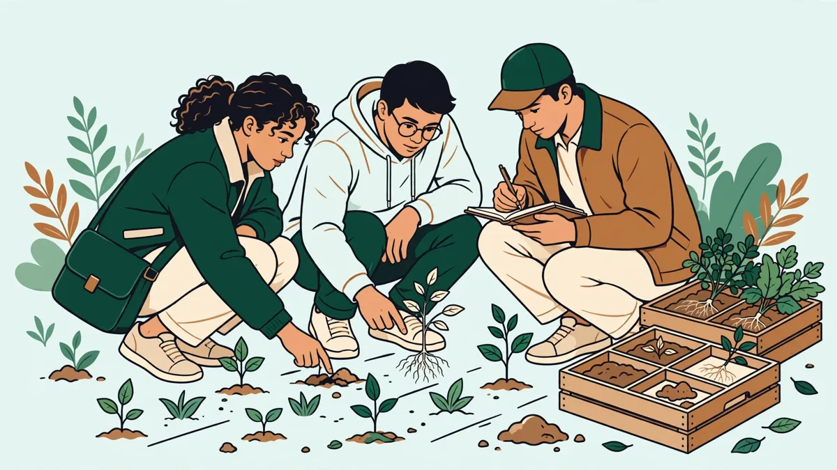 Trois étudiants accroupis dans une parcelle qui observent des plantes et prennent des notes sur un carnet, avec une caisse d'échantillons à côté.