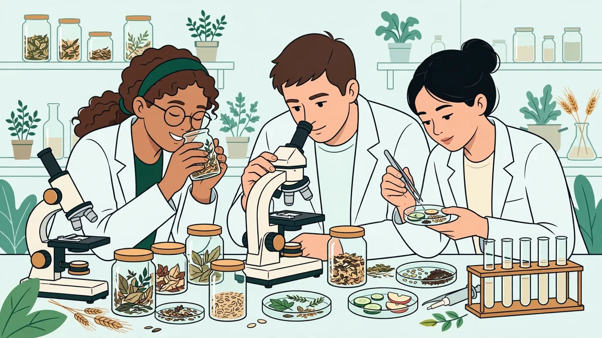 Étudiants en blouse qui analysent des bocaux et des arômes autour d'une paillasse de laboratoire