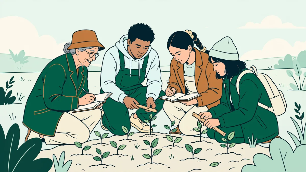 Petit groupe d'étudiants en agronomie accroupis dans une parcelle qui mesurent de jeunes plantes avec leur enseignante