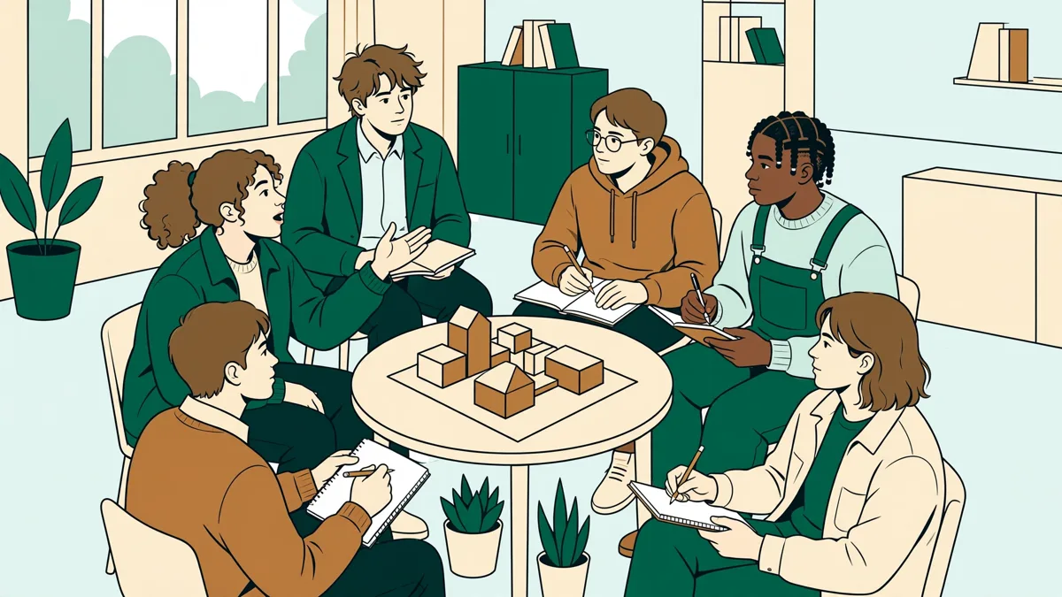 Six étudiants en cercle dans une salle lumineuse débattent autour d'une maquette posée au centre, l'un parle pendant que les autres écoutent et prennent des notes.