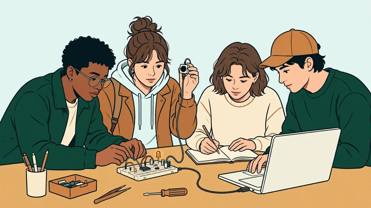 Quatre étudiants autour d'une table d'atelier assemblent un petit prototype électronique relié à un ordinateur portable, l'une montre un capteur, un autre prend des notes.