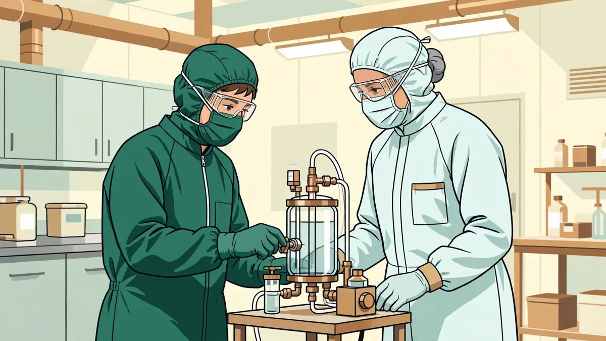 Illustration dessinée : une étudiante en combinaison de salle propre qui règle un bioréacteur aux côtés d'un technicien, dans un hall de bioproduction lumineux.