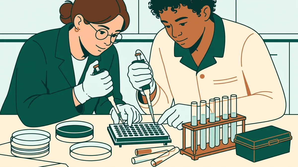 Illustration dessinée : deux étudiants en blouse et gants qui pipettent dans une microplaque sur une paillasse, entre tubes, boîtes de Pétri et carnet de labo.