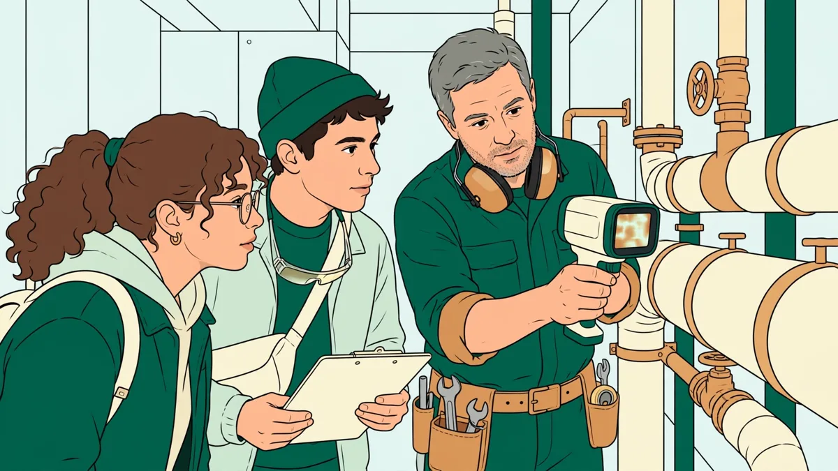 Deux étudiants en alternance inspectant une chaufferie avec une caméra thermique, un technicien leur montrant un tuyau