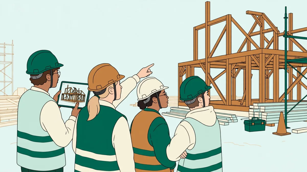 Des étudiants en casques sur un chantier qui consultent ensemble une maquette numérique sur une tablette devant une ossature bois