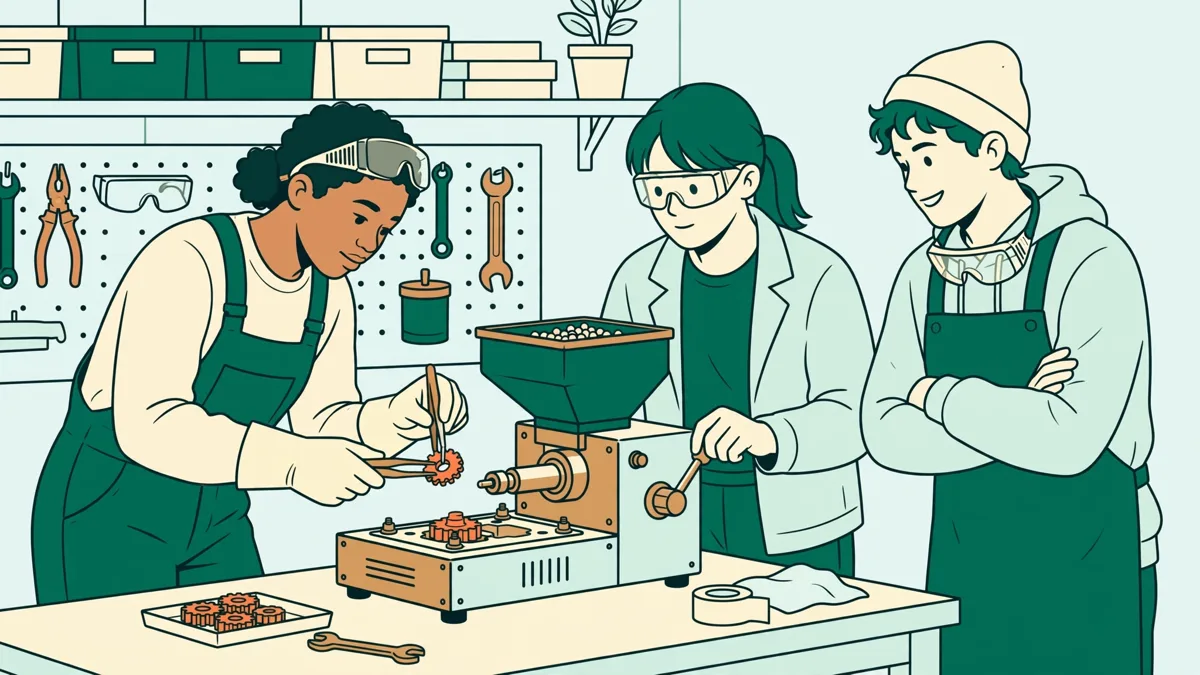 Illustration dessinée : trois étudiants en tenue d'atelier autour d'une petite presse à injecter, l'un retire une pièce plastique orange, un autre observe, fond d'atelier clair.