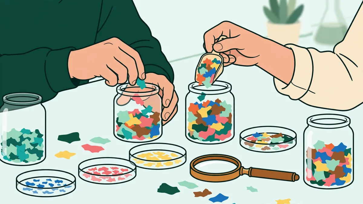 Illustration dessinée : deux étudiantes à un établi trient des paillettes de plastique recyclé colorées, bocaux d'échantillons et loupe devant elles, gros plan sur les mains.