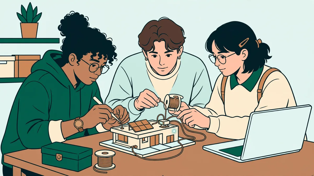 Trois étudiants autour d'une maquette de bâtiment, en train de brancher un petit capteur et de vérifier des mesures sur un ordinateur portable.