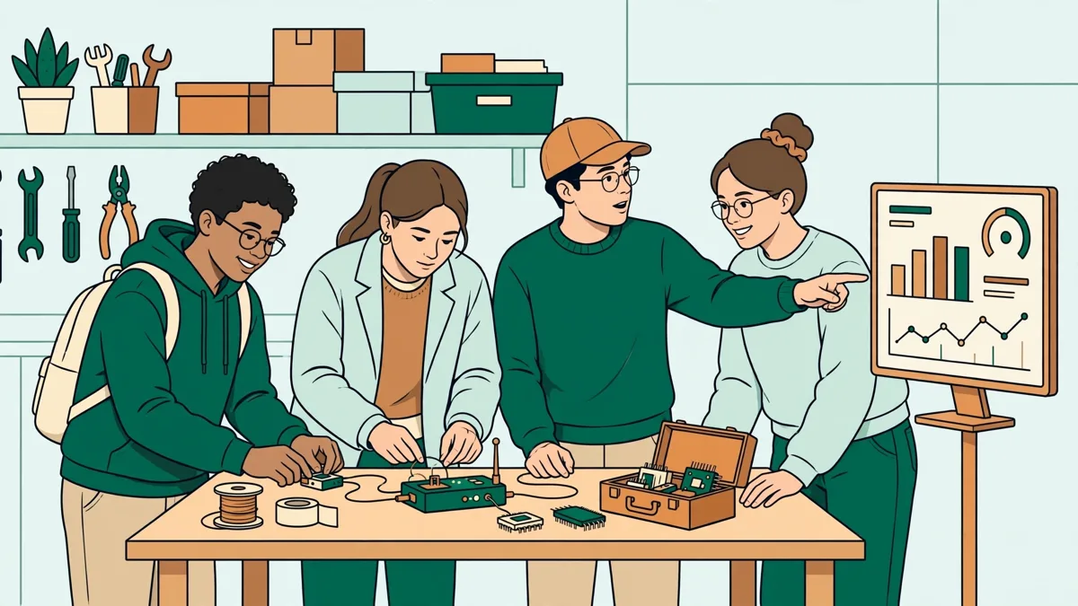 Quatre étudiants debout autour d'une table d'atelier, en train de régler un objet connecté pendant que l'un montre un graphique d'énergie sur un écran.