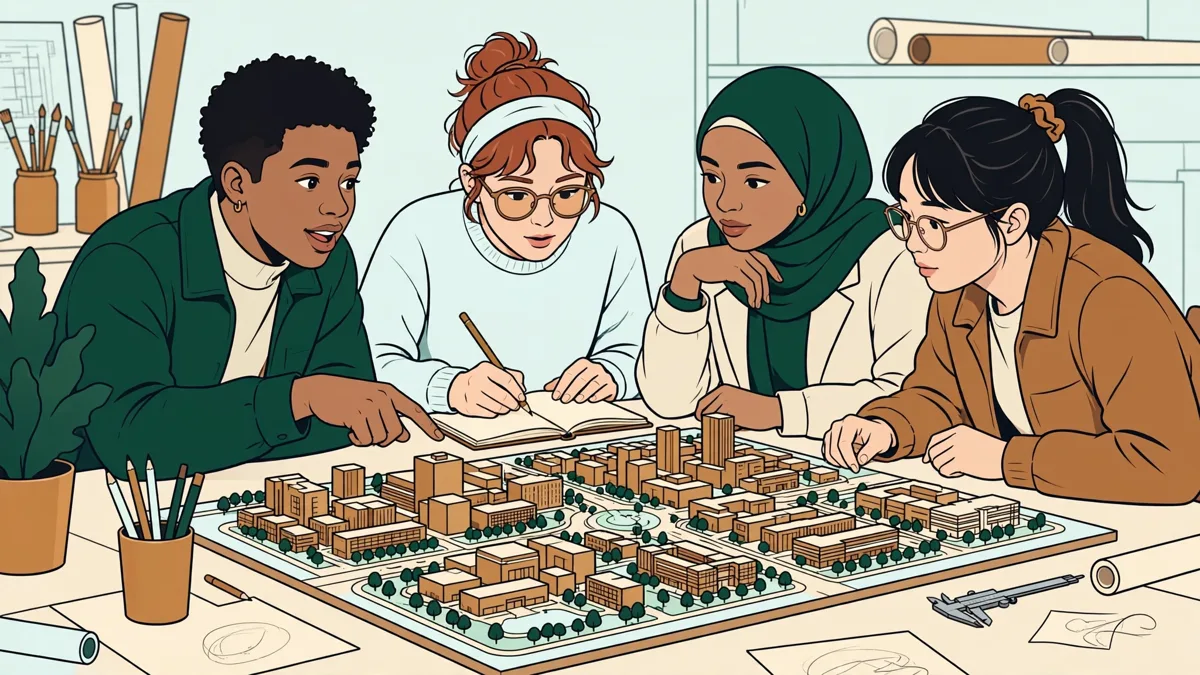 Quatre étudiants autour d'une grande maquette de quartier, l'une pointe un îlot d'immeubles pendant qu'un autre prend des notes