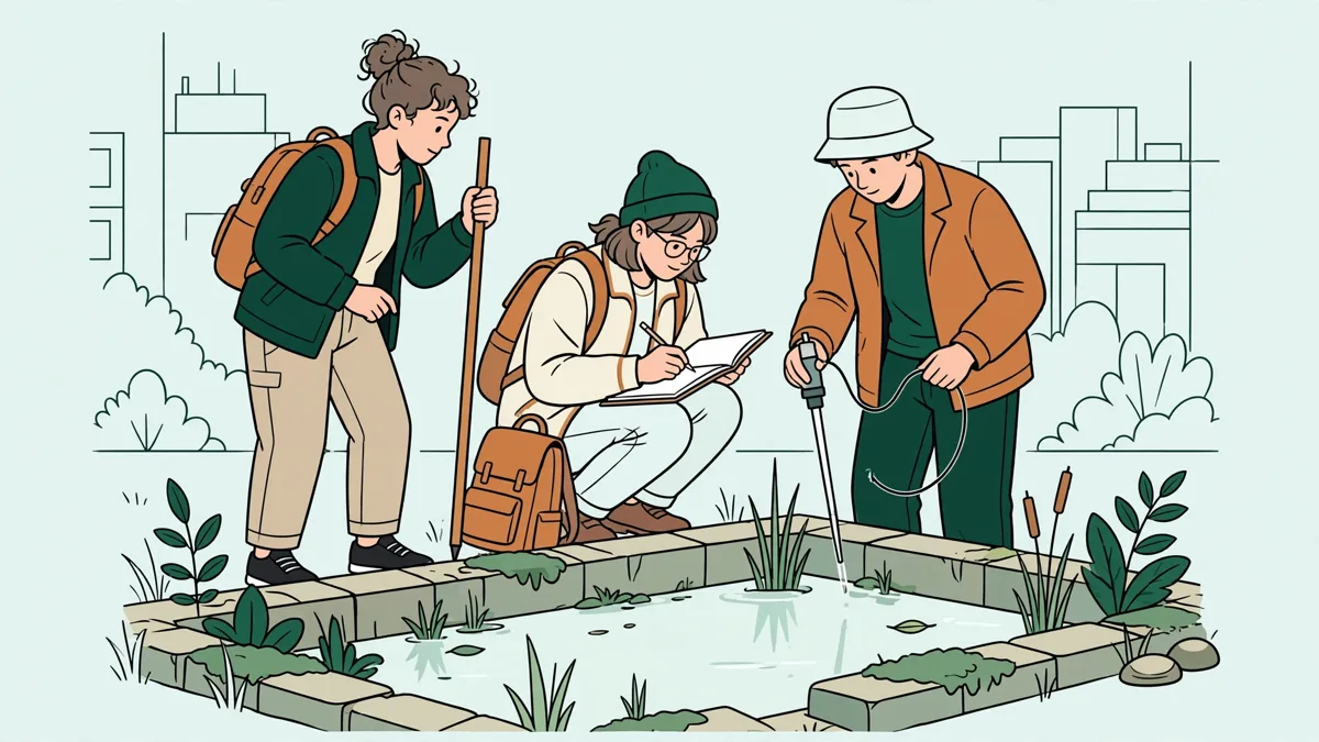 Trois étudiants en extérieur qui relèvent des mesures près d'un bassin d'eau avec carnets et instruments