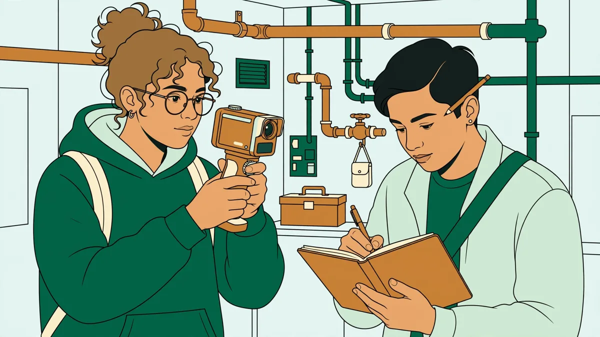 Deux étudiantes qui relèvent des mesures dans un local technique avec une caméra thermique et un carnet.