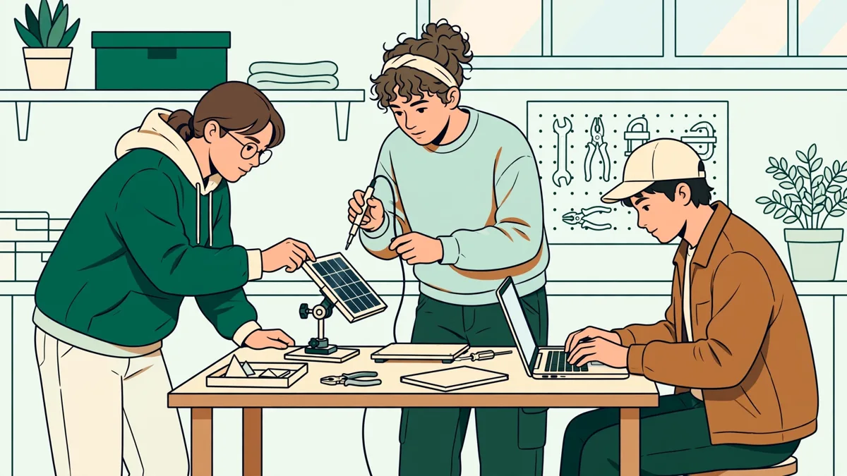 Trois étudiants en atelier qui règlent un petit panneau solaire et relèvent des mesures sur un ordinateur portable.