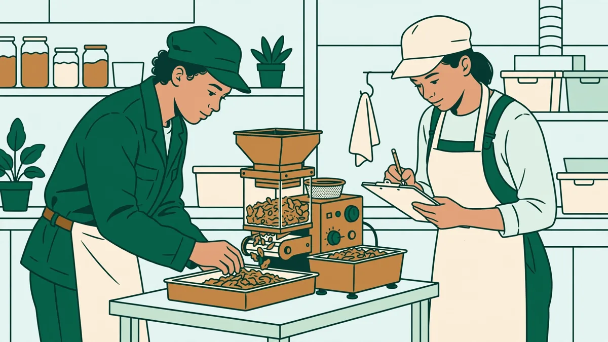 Deux apprentis en tenue de travail autour d'une ligne de transformation agroalimentaire, l'un contrôle un lot pendant que l'autre prend des notes.