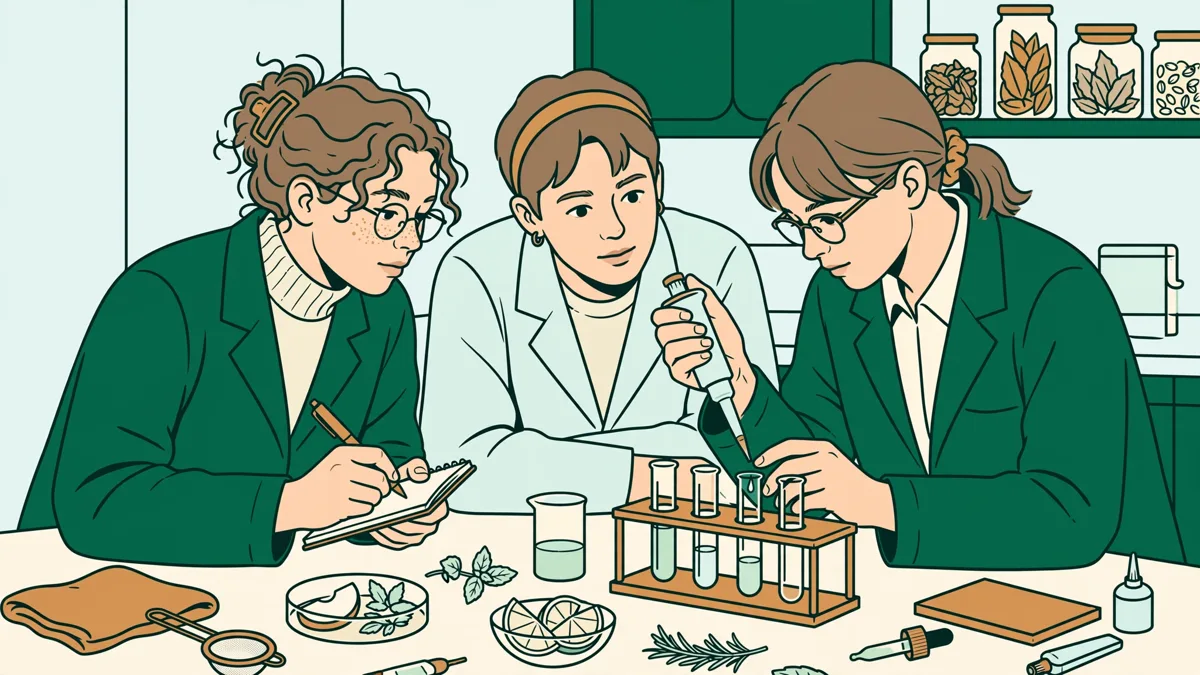 Trois étudiants en blouse autour d'une paillasse de laboratoire agroalimentaire, l'une pipette un échantillon pendant qu'un autre observe.