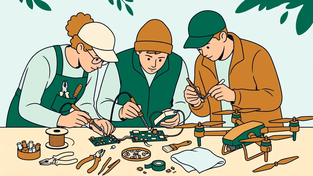 Trois apprentis autour d'un établi qui soudent et testent une petite carte électronique destinée à un drone agricole