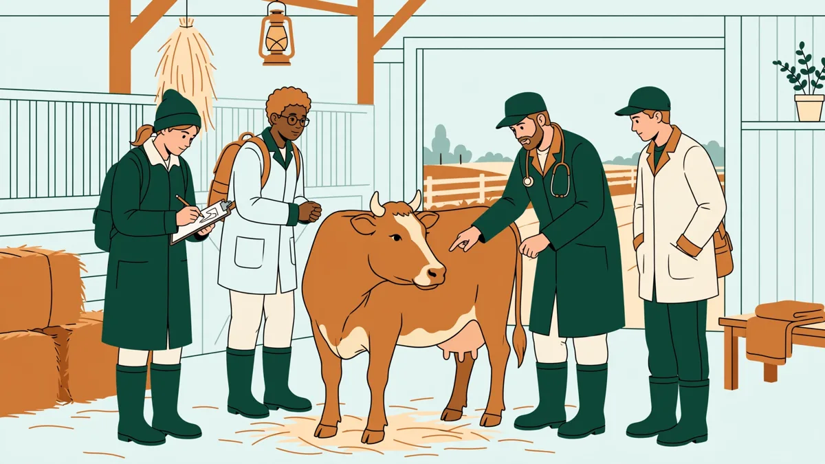 Quatre étudiants en bottes et blouses autour d'une vache dans une étable claire, l'un prend des notes pendant qu'une vétérinaire montre l'auscultation.