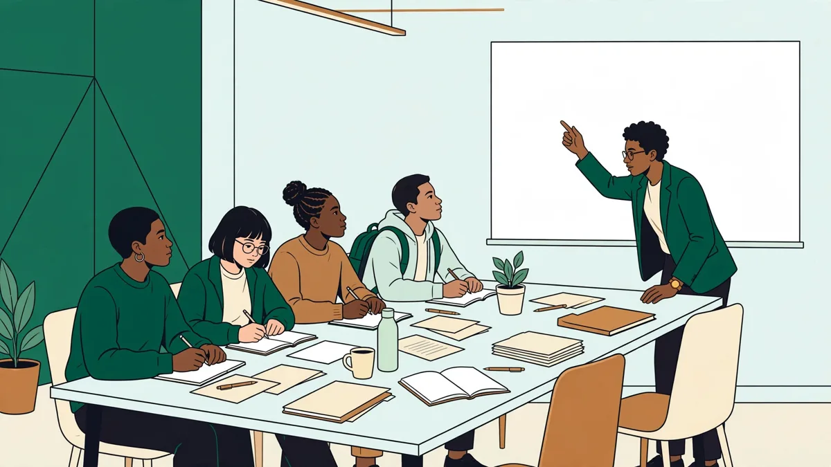 Élèves en exercice de simulation animant une réunion de crise autour d'une grande table