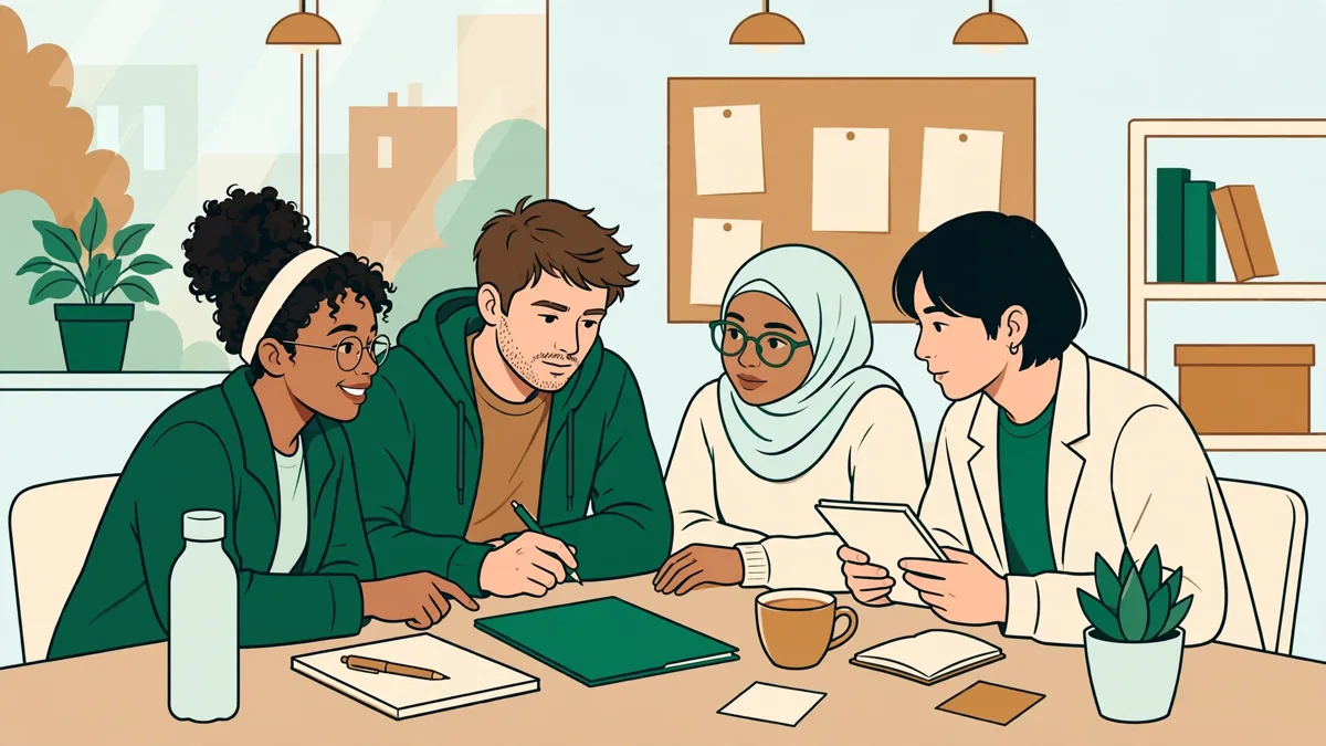 Petit groupe d'élèves en train de préparer une note de synthèse autour d'une table de salle de cours