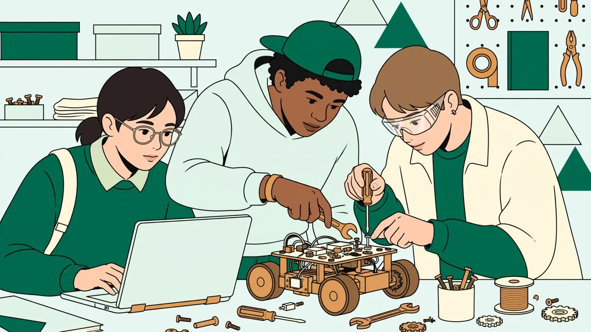 Une petite équipe d'étudiants autour d'un robot mobile sur une table d'atelier, l'un programme sur un portable pendant que les autres ajustent le châssis.