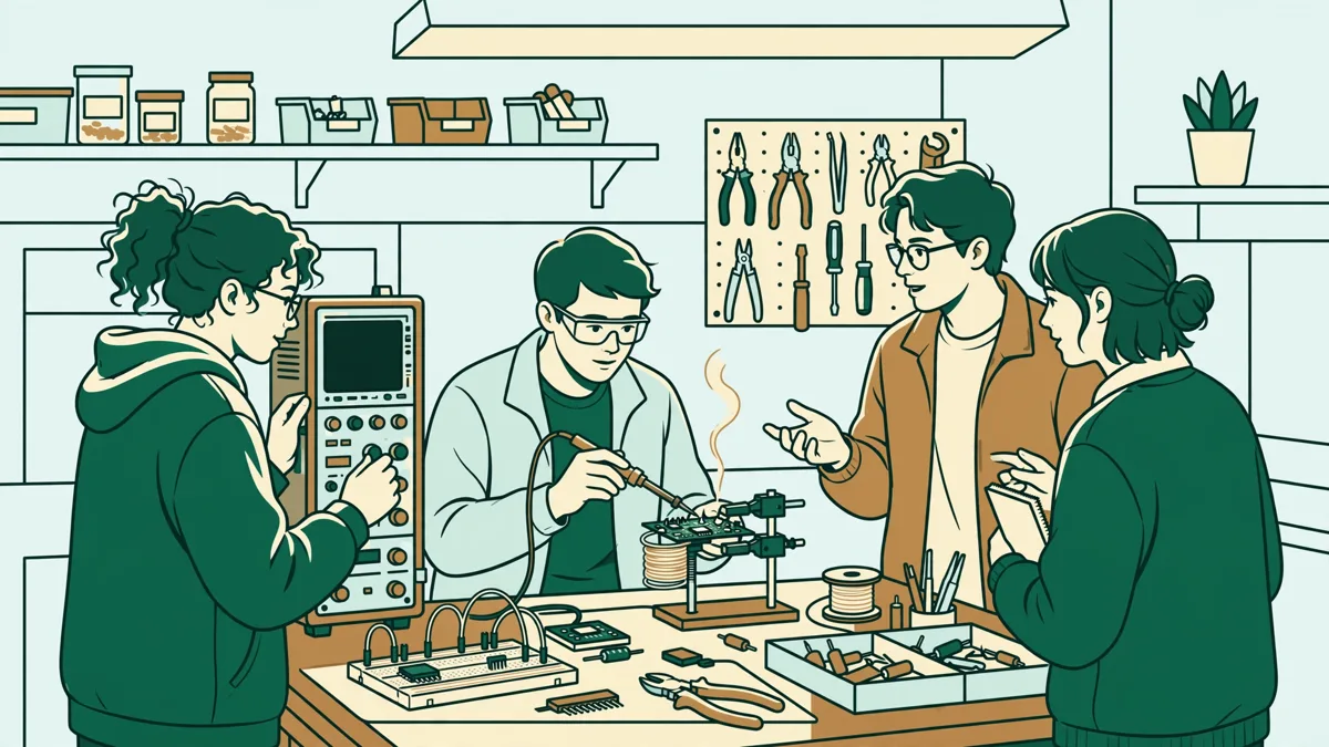 Des étudiants en école d'ingénieurs autour d'une paillasse d'électronique, l'un règle un oscilloscope pendant qu'une autre soude un circuit.