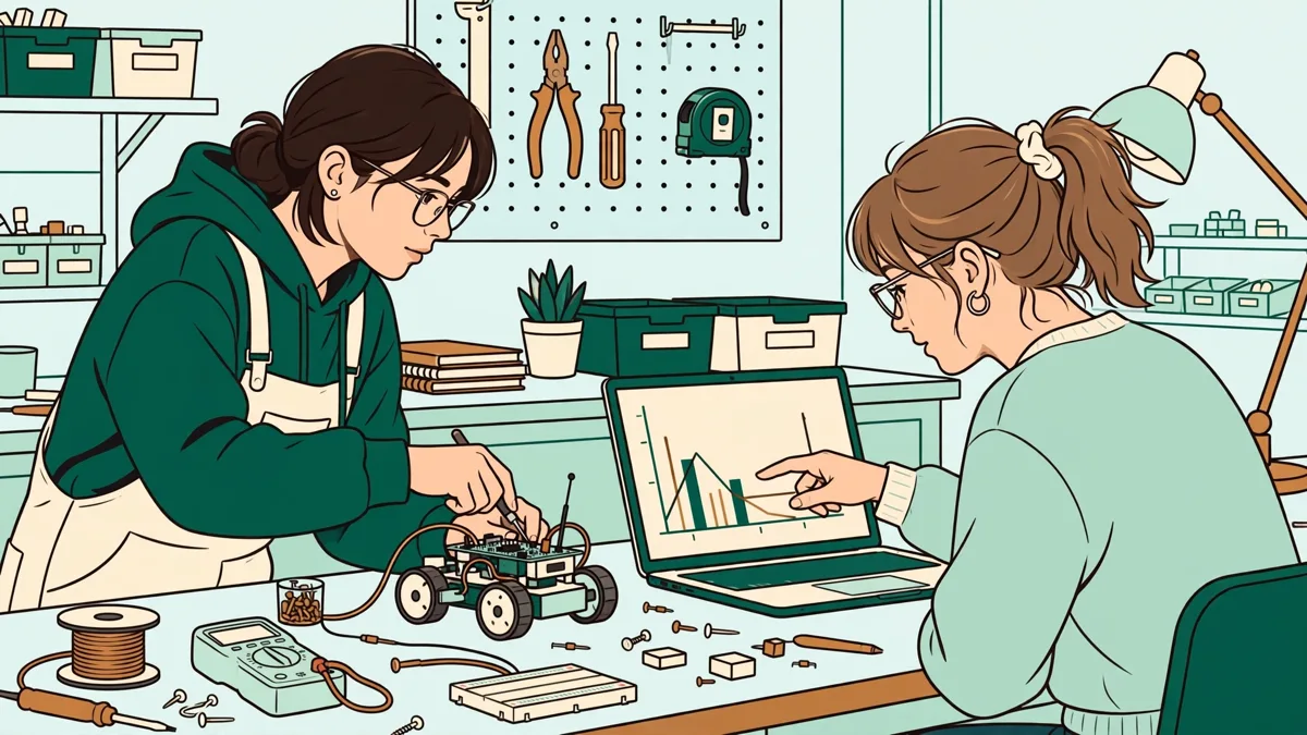 Quatre jeunes femmes en école d'ingénieurs autour d'un petit robot mobile sur un établi de laboratoire, l'une règle le câblage, une autre suit les mesures sur un ordinateur portable.