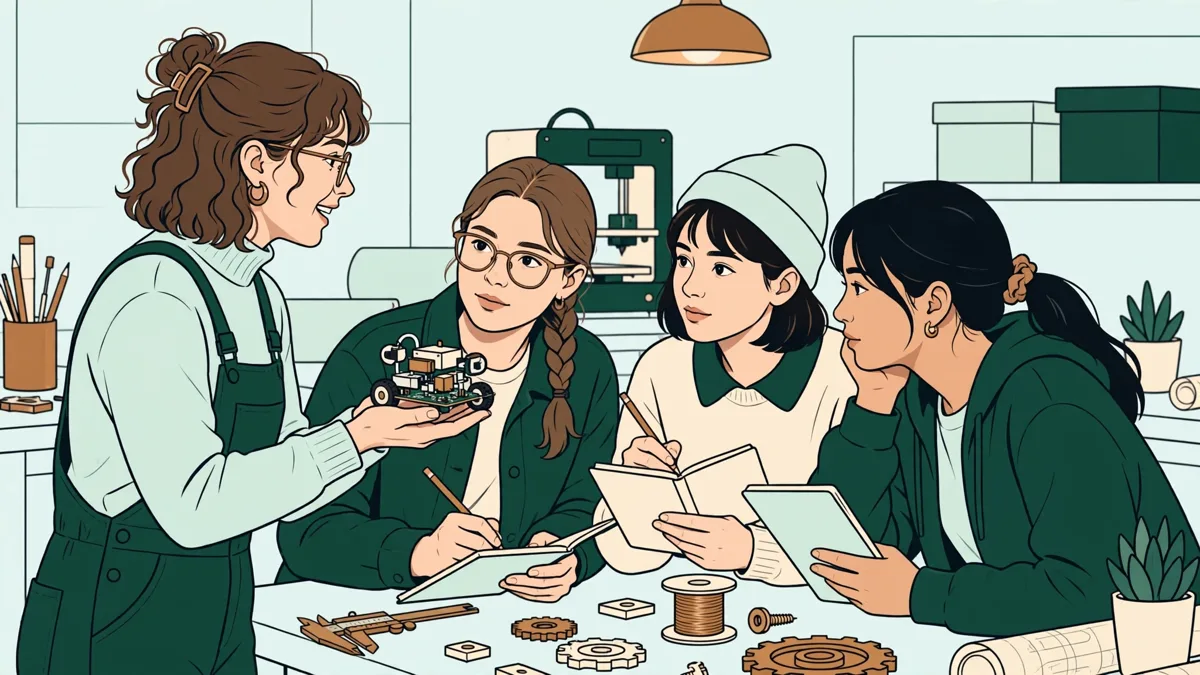 Petit groupe de jeunes femmes ingénieures en atelier, l'une présente un prototype devant les autres qui écoutent et prennent des notes.