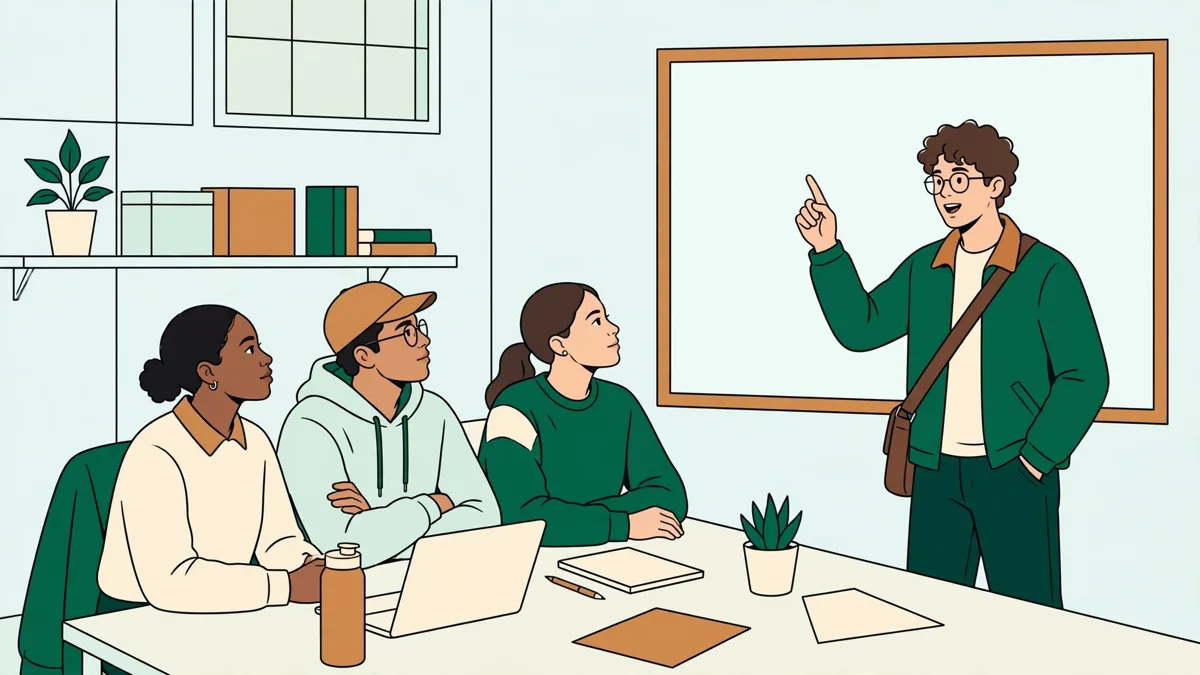 Quatre étudiants qui présentent un projet informatique devant un tableau, l'une parlant pendant que les autres écoutent