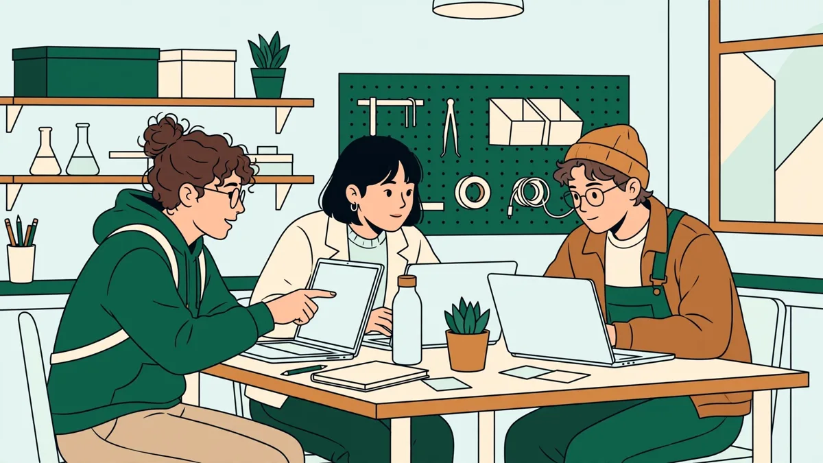 Trois étudiants de première année qui codent ensemble autour d'une table, l'un montrant l'écran de son portable