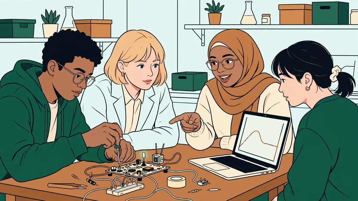 Quatre étudiants autour d'un petit prototype électronique sur un établi, l'une règle un capteur pendant qu'un autre montre une courbe sur un ordinateur portable.