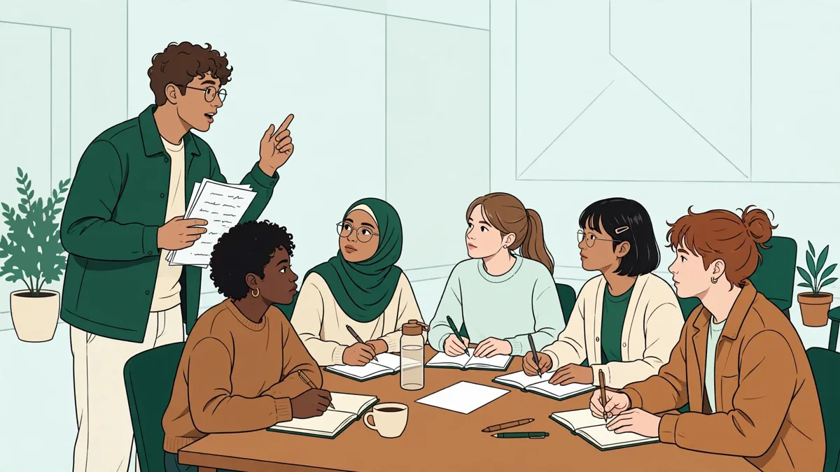 Six étudiants en séminaire autour d'une table, l'une parle en montrant ses notes pendant que les autres écoutent et prennent des notes.