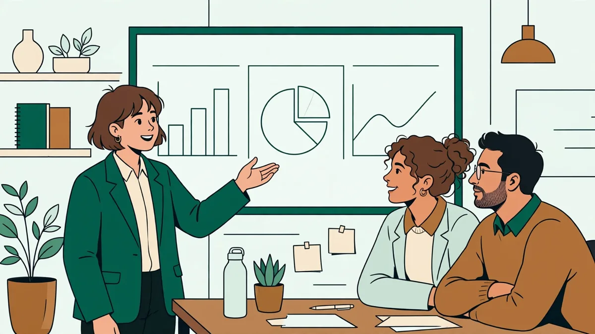 Une étudiante en stage qui présente un tableau de bord de ventes à deux collègues dans un bureau