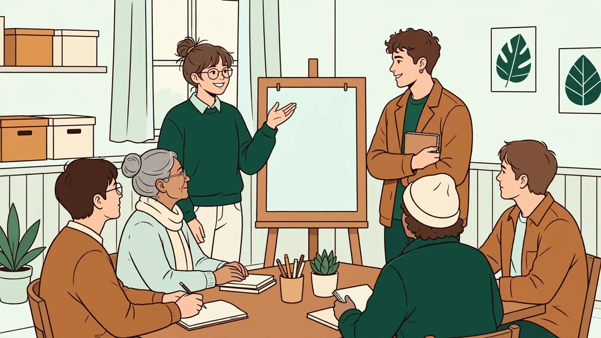 Deux étudiantes en stage dans une association qui animent un atelier avec des habitants et prennent des notes.