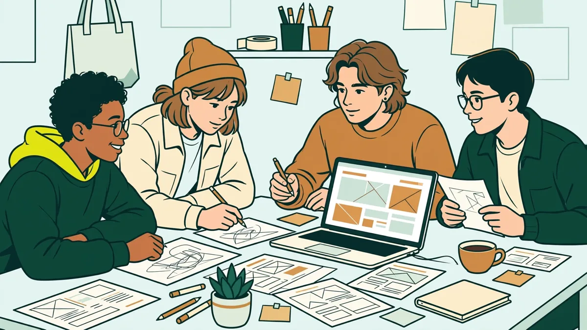 Quatre étudiants en atelier qui construisent ensemble une maquette de site web et des visuels marketing, avec un ordinateur et des croquis sur une grande table.