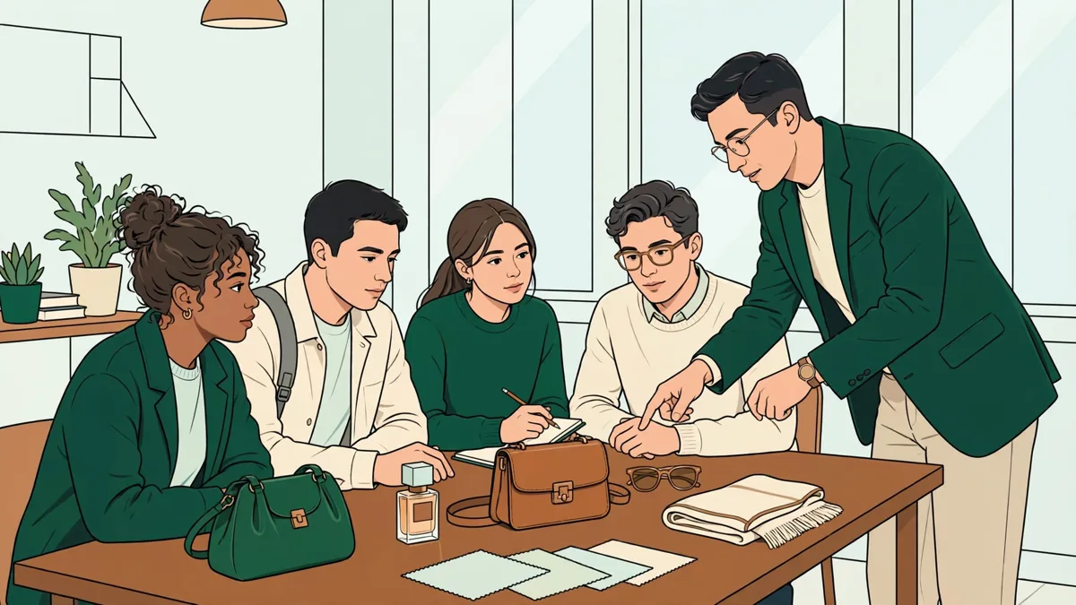 Petit groupe d'étudiants en école de commerce analysant un cas de marque de luxe autour d'une table avec un intervenant professionnel