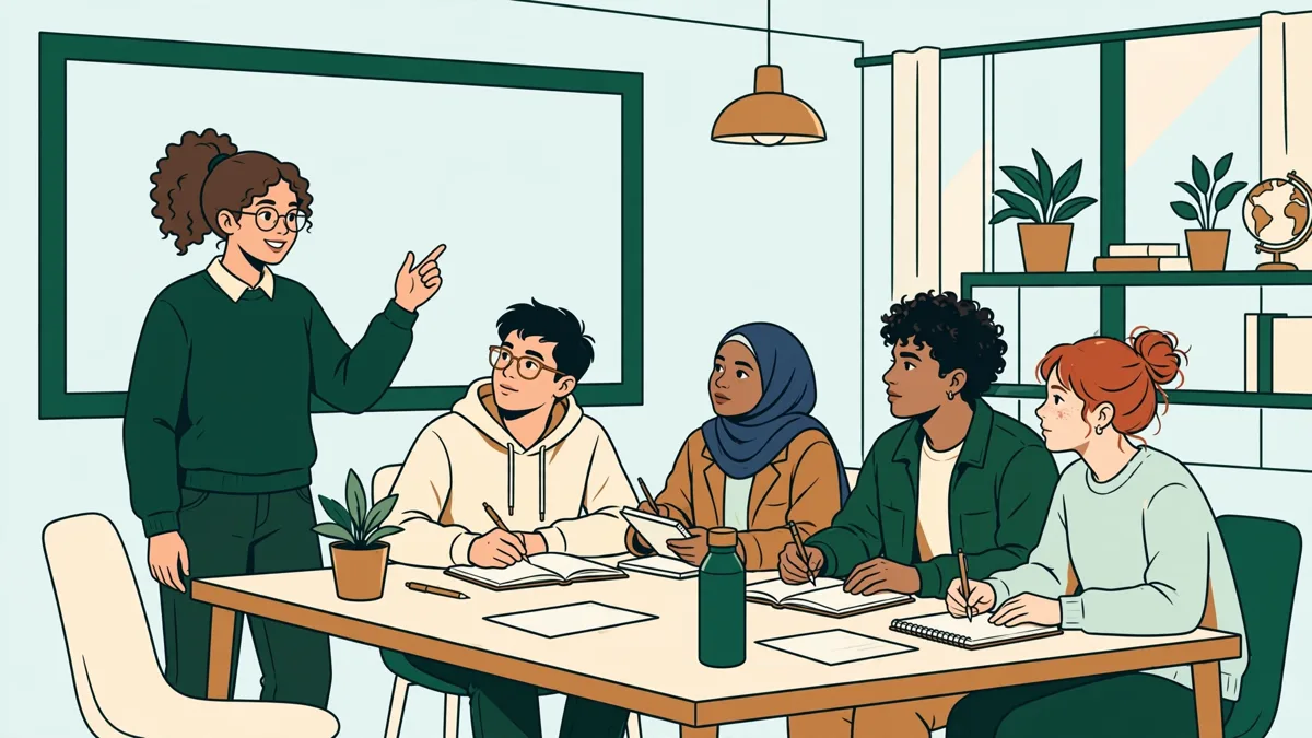 Étudiants de nationalités différentes préparant ensemble une présentation sur un marché international dans une salle de séminaire