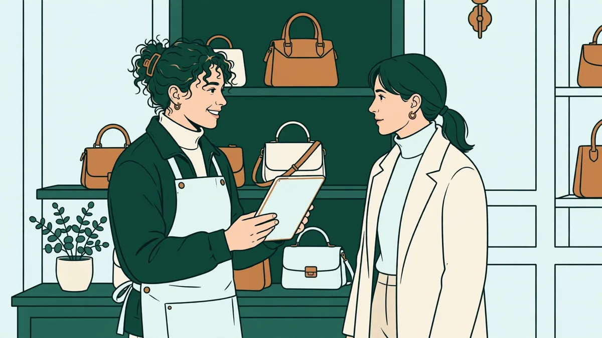 Une apprentie en boutique de luxe qui conseille une cliente en consultant une tablette