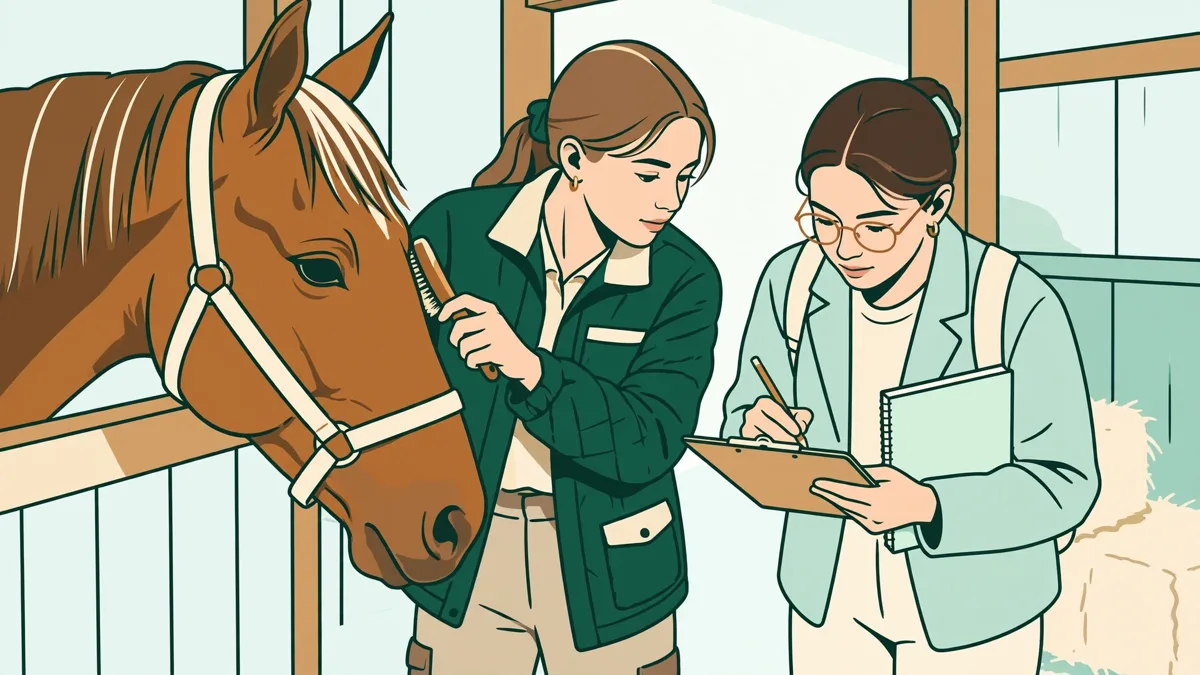 Une étudiante en tenue d'écurie brosse un cheval dans un box lumineux pendant qu'un camarade prend des notes pour un rapport de stage