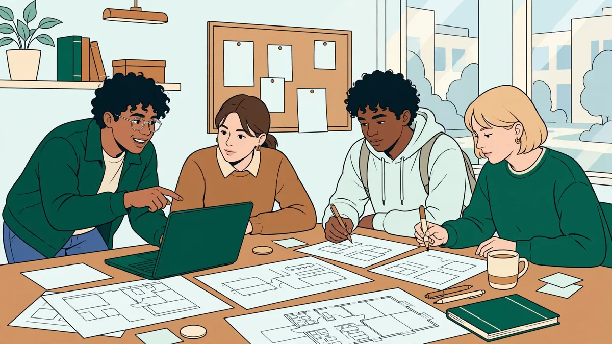 Quatre étudiants autour d'une grande table qui préparent un événement avec un plan de salle, un ordinateur et des badges