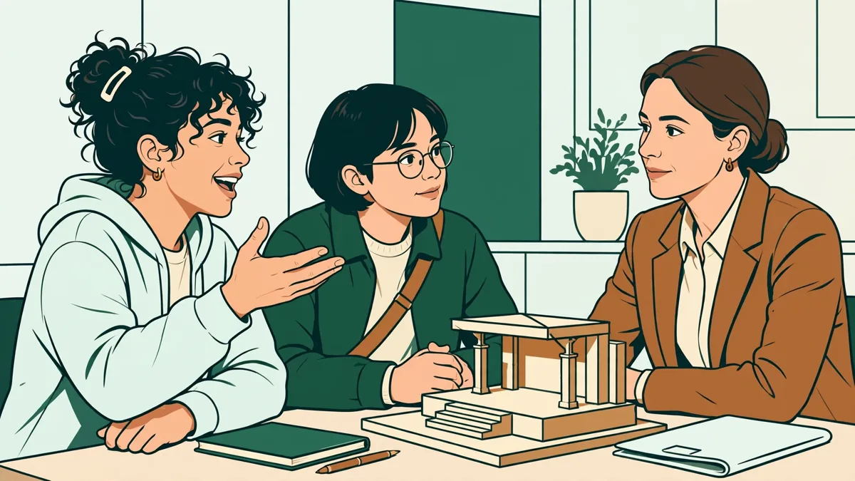 Deux étudiantes qui présentent une offre événementielle à un client autour d'une maquette de stand
