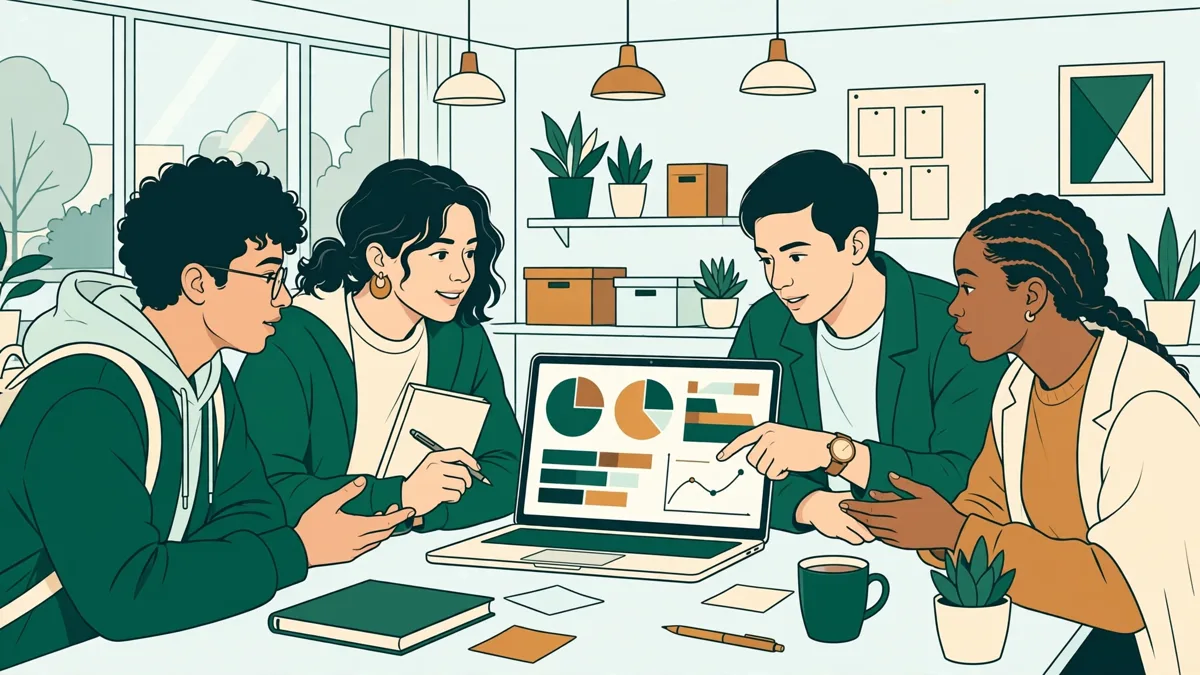 Quatre étudiants autour d'une table analysent ensemble un tableau de bord marketing sur un écran portable