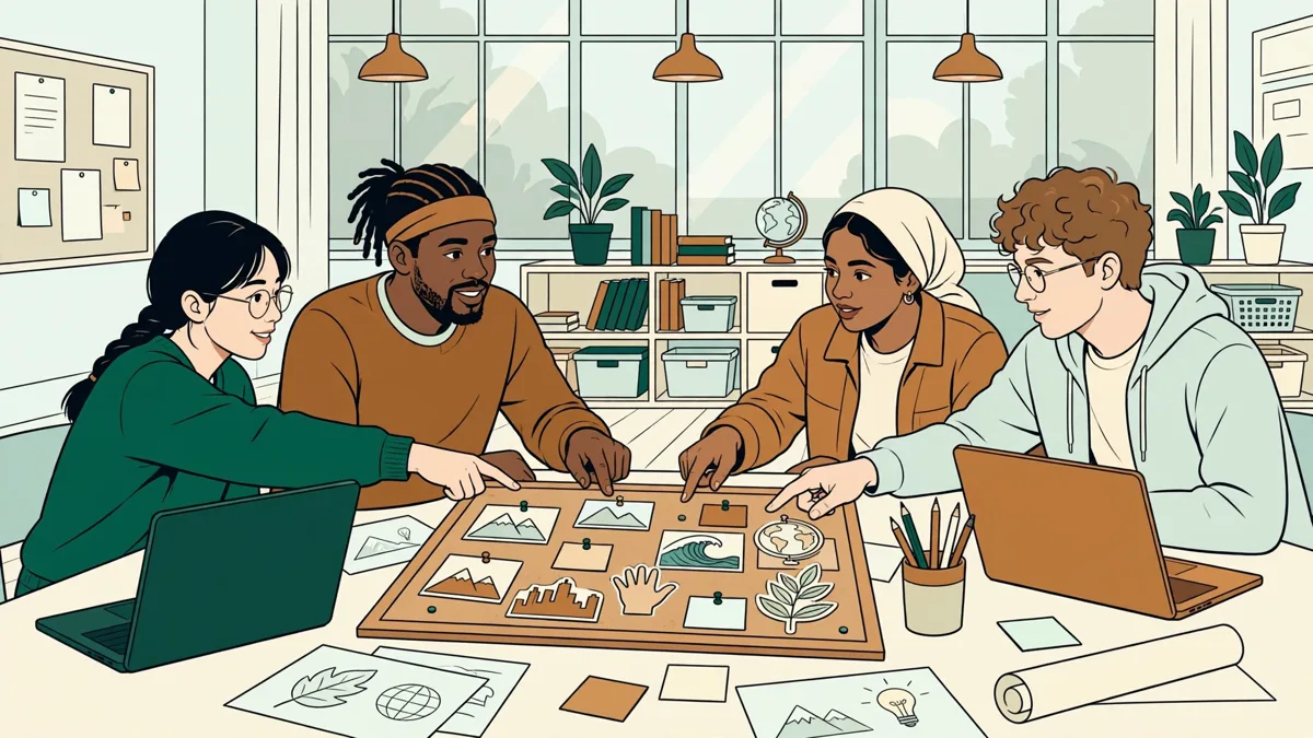 Quatre étudiants de différentes origines autour d'une table préparent une campagne sur portables, avec des maquettes et un tableau d'idées.